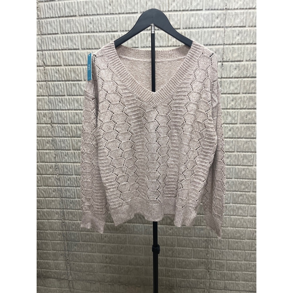Cupshe Womens‎ XL Beige Pointelle V-Neck Knit Sweater CAA06A4H003GG Long Sleeve